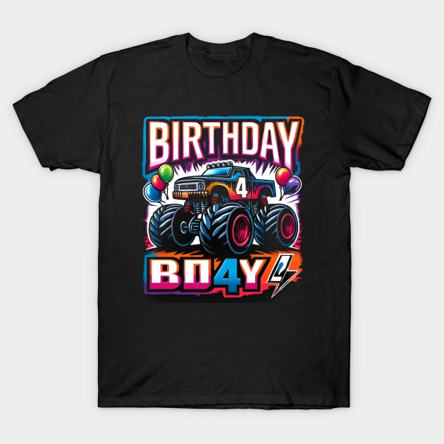 Birthday Boy 4 Years - Monster Truck Celebration (possibility of personalization with name) T-Shirt by CreationArt8